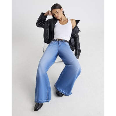 Blue Low Rise Belted Baggy Jeans