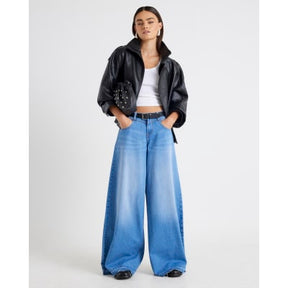 Blue Low Rise Belted Baggy Jeans