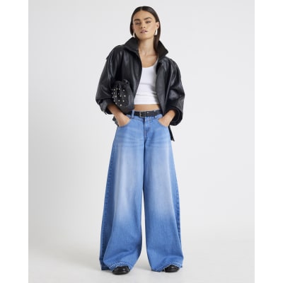 Blue Low Rise Belted Baggy Jeans