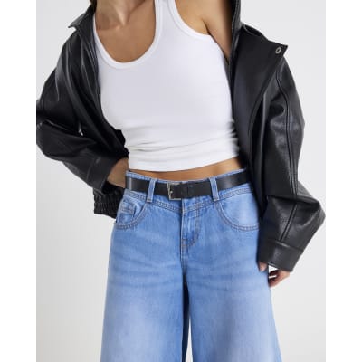 Blue Low Rise Belted Baggy Jeans