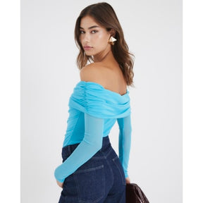 Blue Mesh Notch Bardot Bodysuit