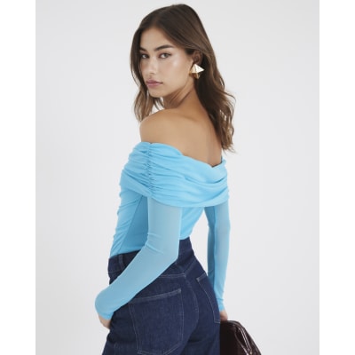 Blue Mesh Notch Bardot Bodysuit