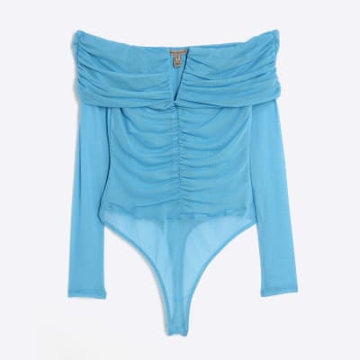 Blue Mesh Notch Bardot Bodysuit