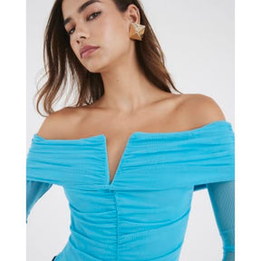 Blue Mesh Notch Bardot Bodysuit