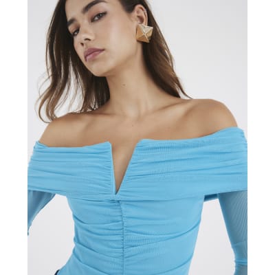 Blue Mesh Notch Bardot Bodysuit