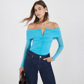 Blue Mesh Notch Bardot Bodysuit