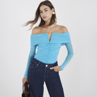 Blue Mesh Notch Bardot Bodysuit