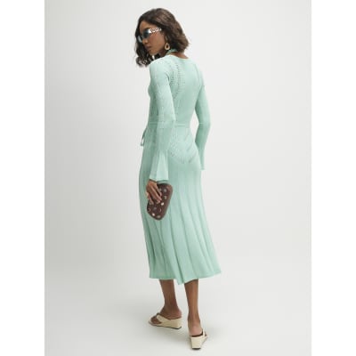 Blue Metallic Flare Knitted Midi Dress