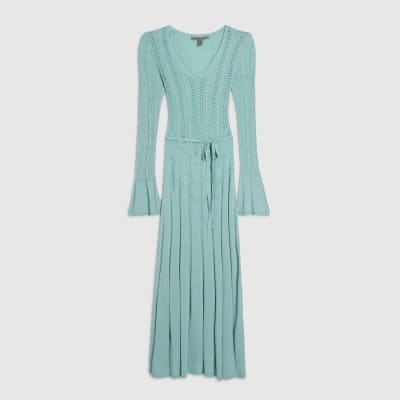 Blue Metallic Flare Knitted Midi Dress