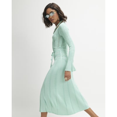 Blue Metallic Flare Knitted Midi Dress