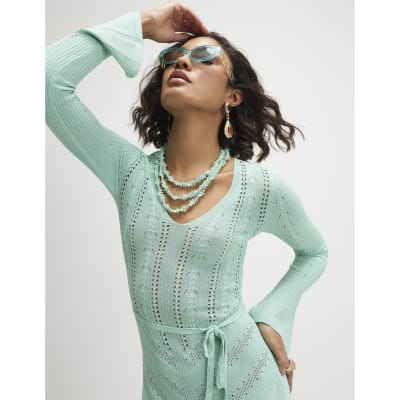 Blue Metallic Flare Knitted Midi Dress
