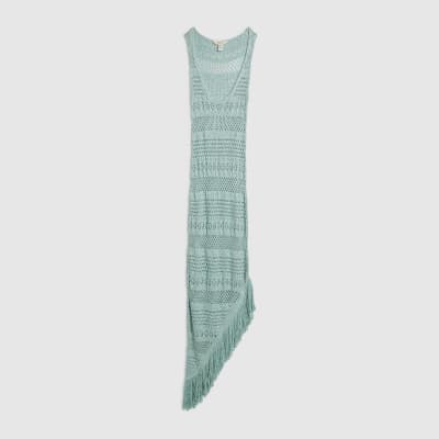 Blue Metallic Knit Asymmetric Midi Dress