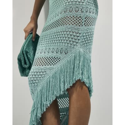 Blue Metallic Knit Asymmetric Midi Dress