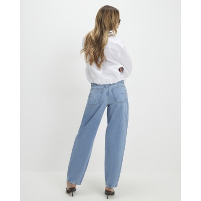 Blue Mid Rise Barrel Leg Jeans