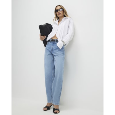 Blue Mid Rise Barrel Leg Jeans