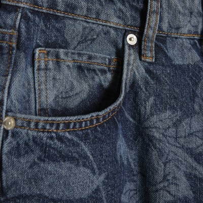 Blue Mid Rise Floral Bootcut Jeans