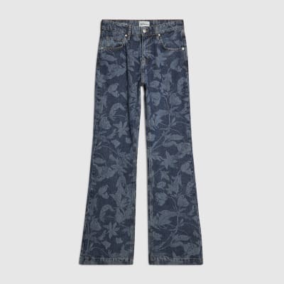 Blue Mid Rise Floral Bootcut Jeans