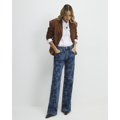 Blue Mid Rise Floral Bootcut Jeans