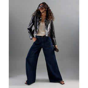 Blue Mid Rise Tailored Wide Leg Jeans
