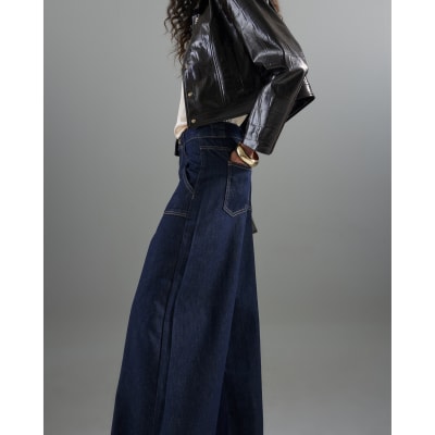 Blue Mid Rise Tailored Wide Leg Jeans