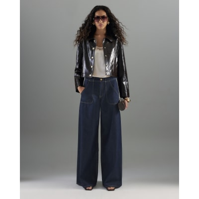 Blue Mid Rise Tailored Wide Leg Jeans