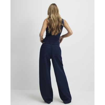 Blue Mid Rise Wide Leg Belted Jeans