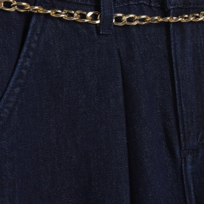Blue Mid Rise Wide Leg Belted Jeans