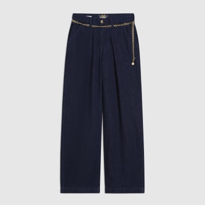 Blue Mid Rise Wide Leg Belted Jeans