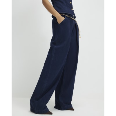 Blue Mid Rise Wide Leg Belted Jeans