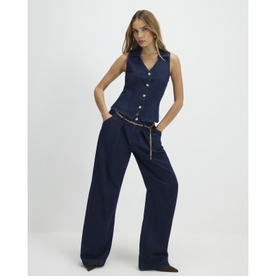 Blue Mid Rise Wide Leg Belted Jeans