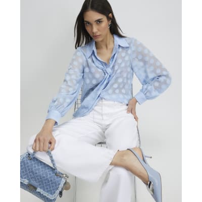 Blue Organza Polka Dot Blouse