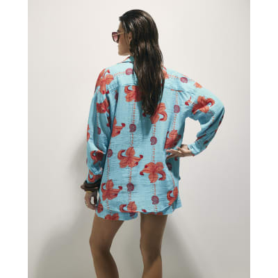 Blue Palm Print Beach Shirt