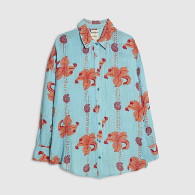Blue Palm Print Beach Shirt