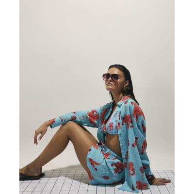 Blue Palm Print Beach Shirt