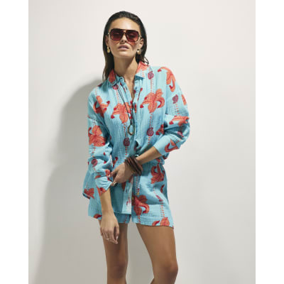 Blue Palm Print Beach Shirt