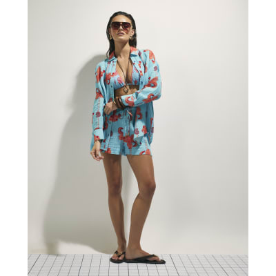 Blue Palm Print Beach Shirt