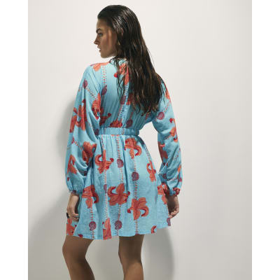 Blue Palm Print Long Sleeve Mini Beach Dress