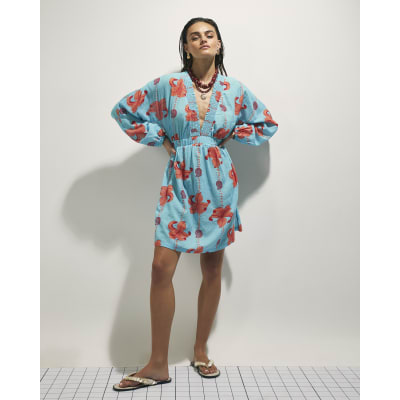 Blue Palm Print Long Sleeve Mini Beach Dress