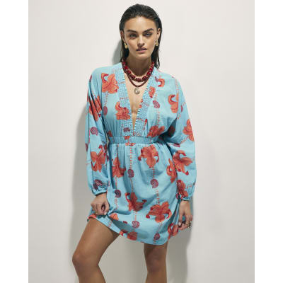 Blue Palm Print Long Sleeve Mini Beach Dress