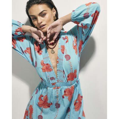 Blue Palm Print Long Sleeve Mini Beach Dress