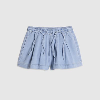 Blue Pleated Bow Front Denim Shorts