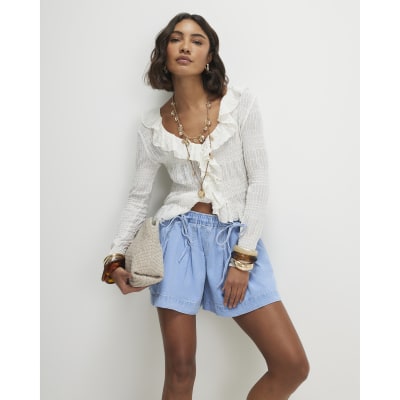 Blue Pleated Bow Front Denim Shorts
