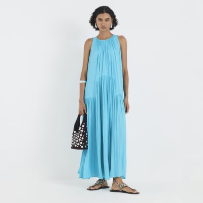 Blue Pleated Maxi Dress
