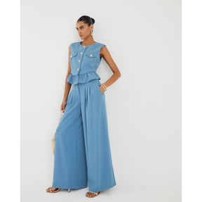 Blue Pleated Wide Leg Trousers