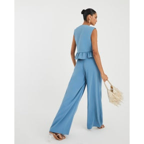Blue Pleated Wide Leg Trousers