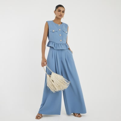 Blue Pleated Wide Leg Trousers