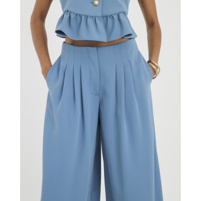 Blue Pleated Wide Leg Trousers