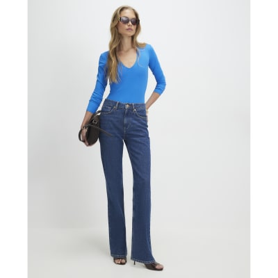 Blue Plunge Neckline Long Sleeve Bodysuit