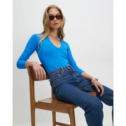 Blue Plunge Neckline Long Sleeve Bodysuit