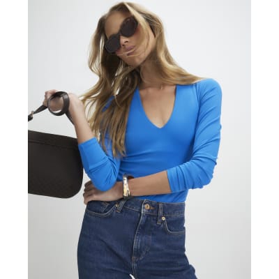 Blue Plunge Neckline Long Sleeve Bodysuit